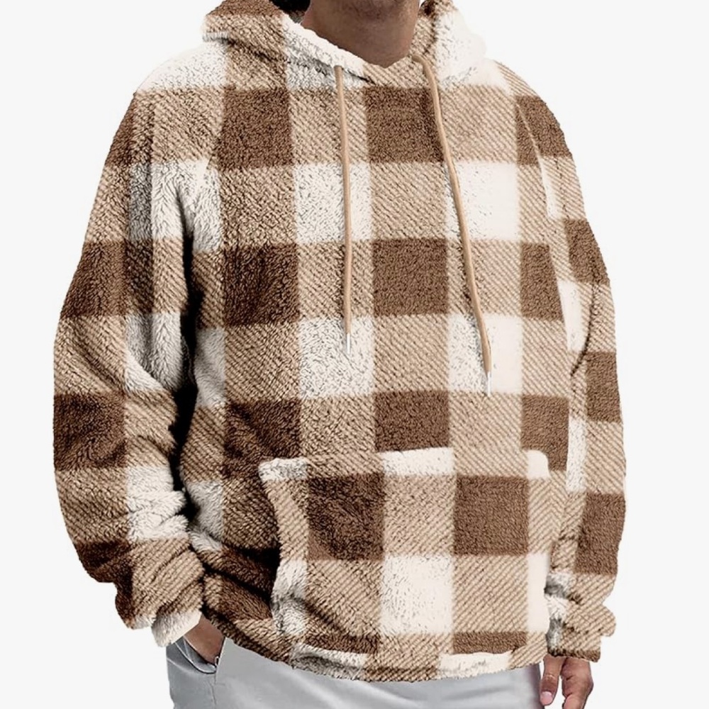 Plaid oversized faux fur hoodie sweater sweatshirt Sherpa teddy bear tan white